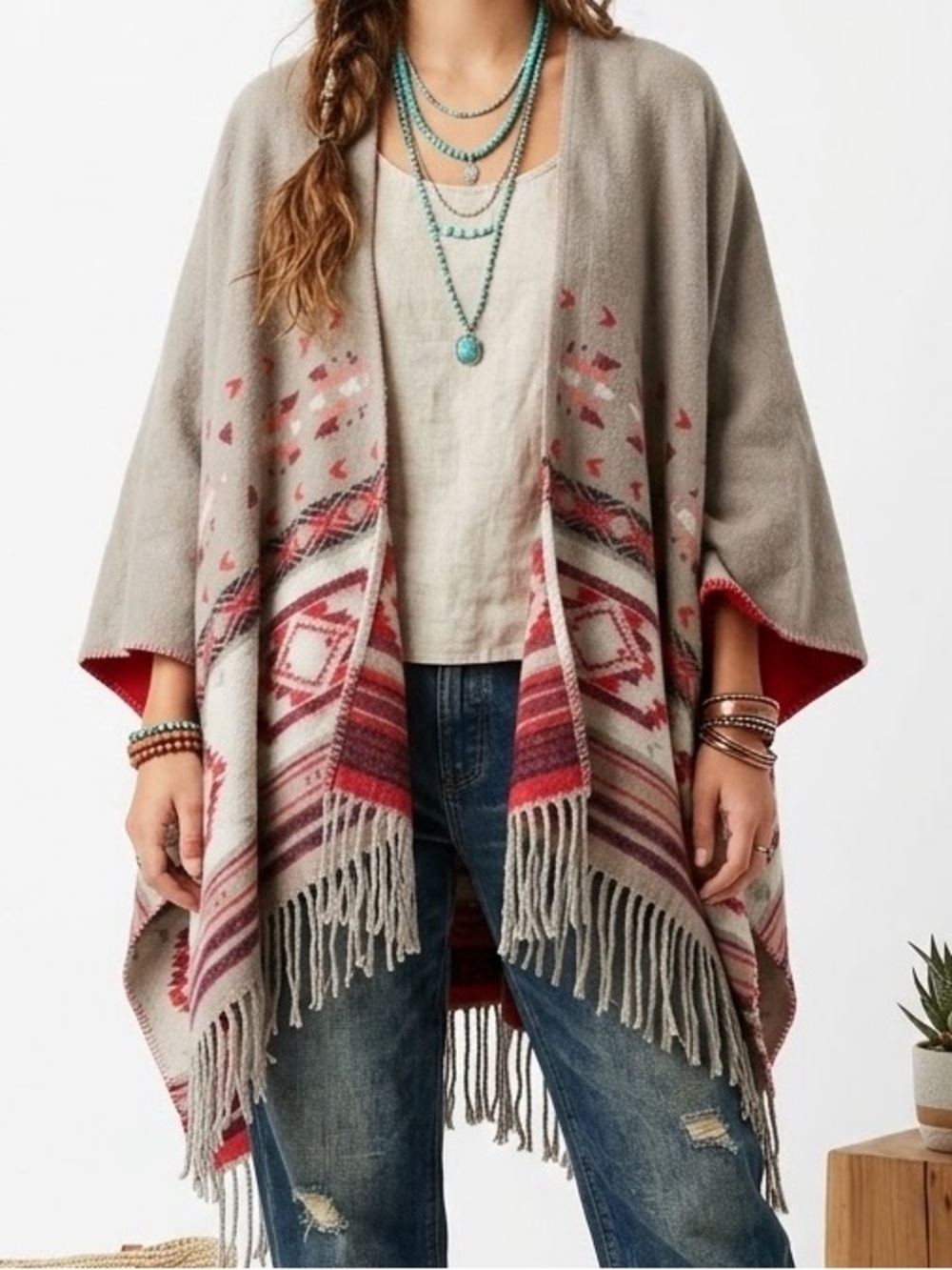 American Eagle women’s Fringed Open-Front Poncho boho western pattern OS